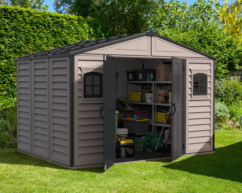 Duramax Woodbridge Plus Resin Shed with floor foundation 10.5 x 8 (3.4m x 2.4m) - Dark Grey - Available mid April 2025 - PRE ORDER NOW !